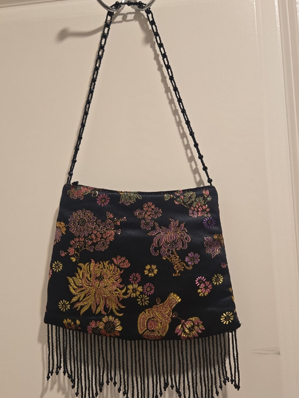 Black Floral Embroidered Beaded Fringe Evening Clutch